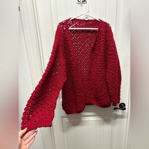 Chunky Red Hand Crocheted Knit Cardigan Sweater
